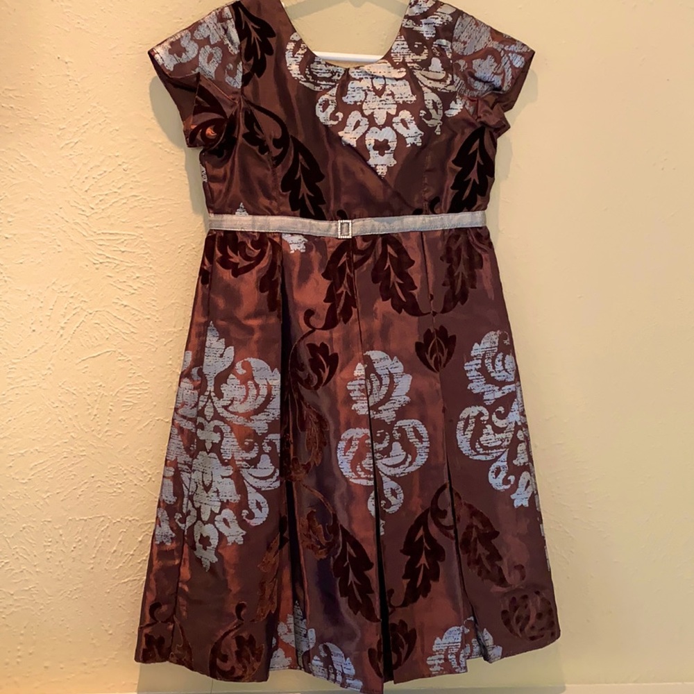 Le Pink Brown Silk Holiday Dress Rhinestone Buckle